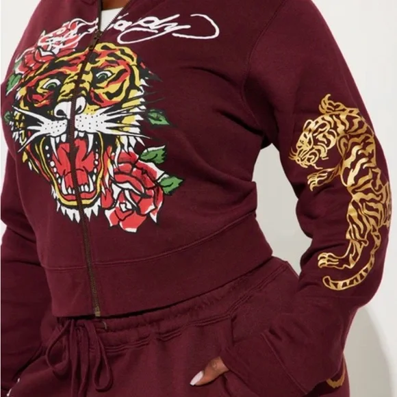 Ed Hardy Maroon Joggers w/ Hoodie with Tiger Print - Picture 4 of 10